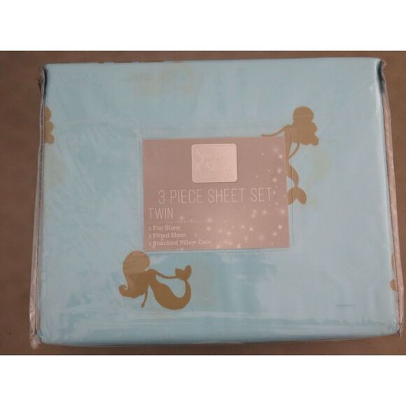 Sparkle & Shine Collection Aqua Blue Glitter Gold Mermaid 3Pc TWIN Sheet Set $68 - Picture 3 of 10
